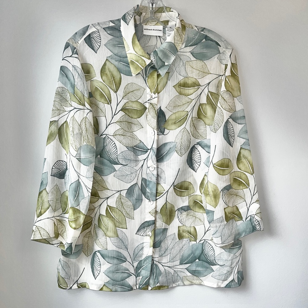 Alfred Dunner Blue Green Leaf Button Down Blouse